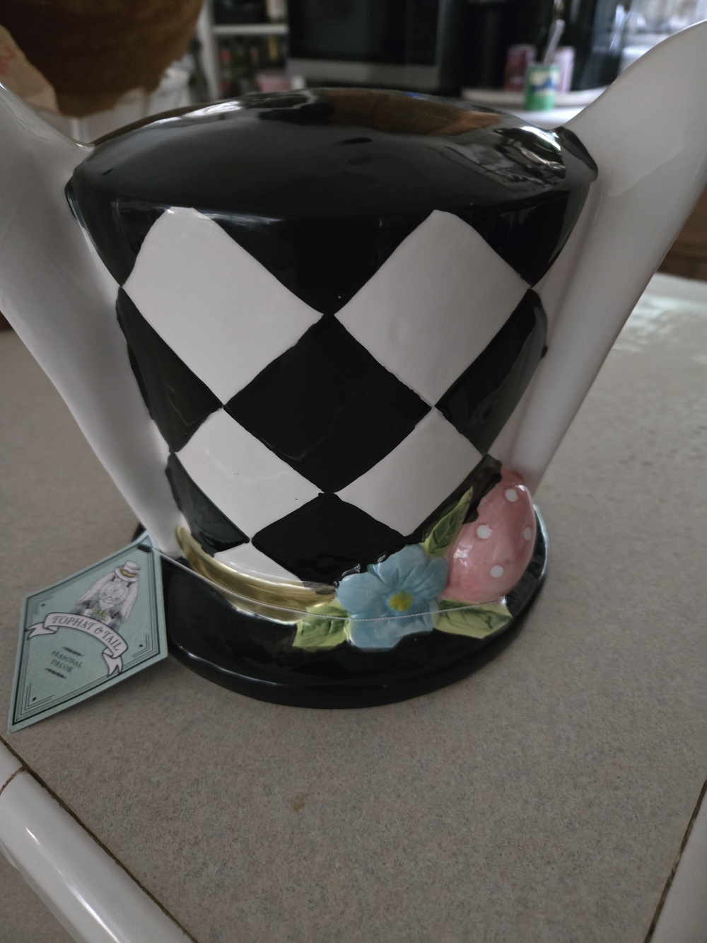 Topham & Hall Black and White Checkered Ceramic Teapot Accent